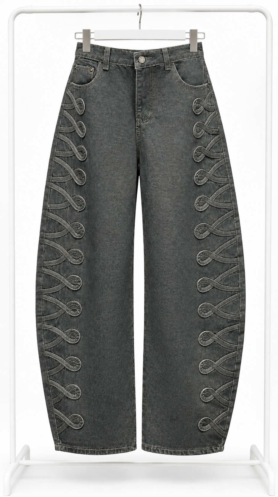 Olive Braid-Embroidered Wide-Leg Jeans