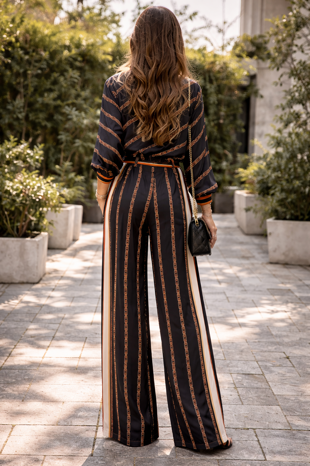 Chain Print Shirt & Palazzo Pants Co-Ord Set - Black & Coral