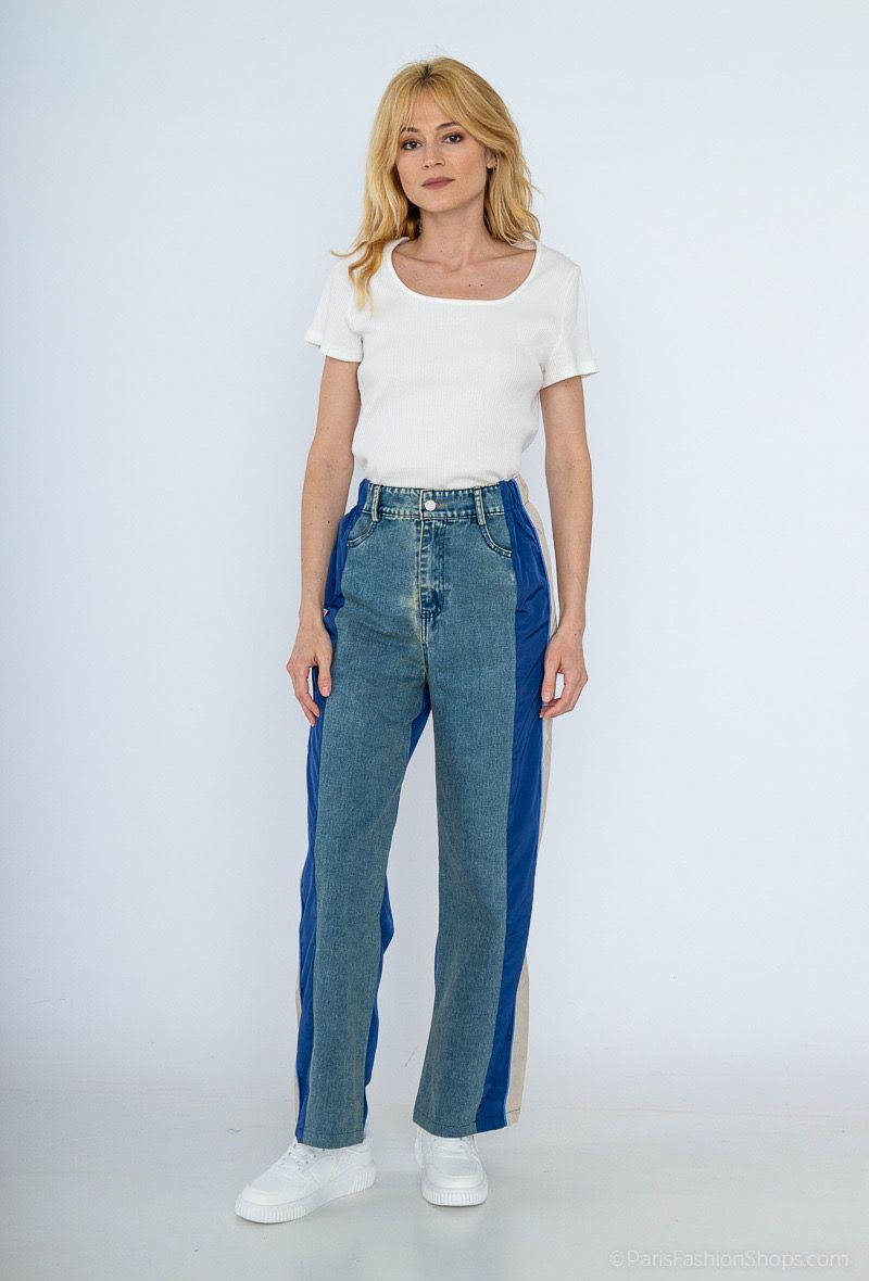 Contrast Wide-Leg Denim Pants