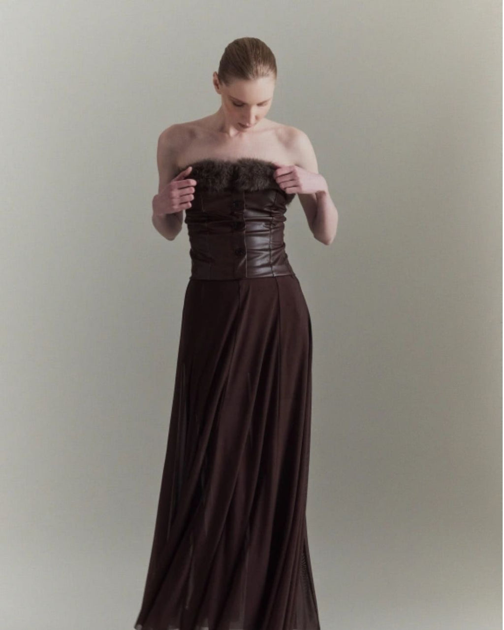 Leather Fur-Trim Corset Top