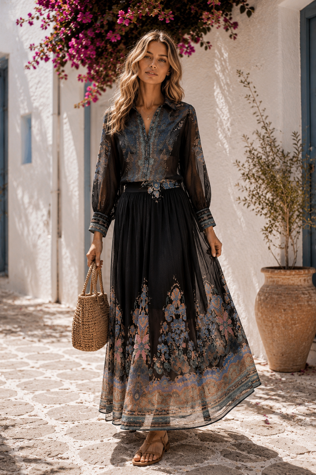 Midnight Garden Chiffon Blouse & Maxi Skirt Set