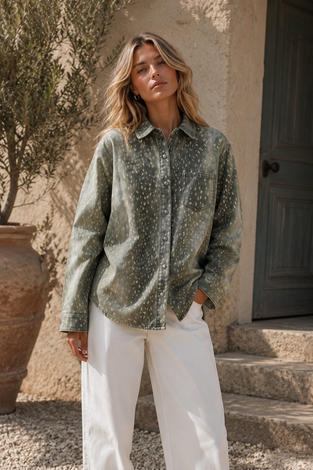 The Wild Meadow Denim Shirt – Olive Deer Print
