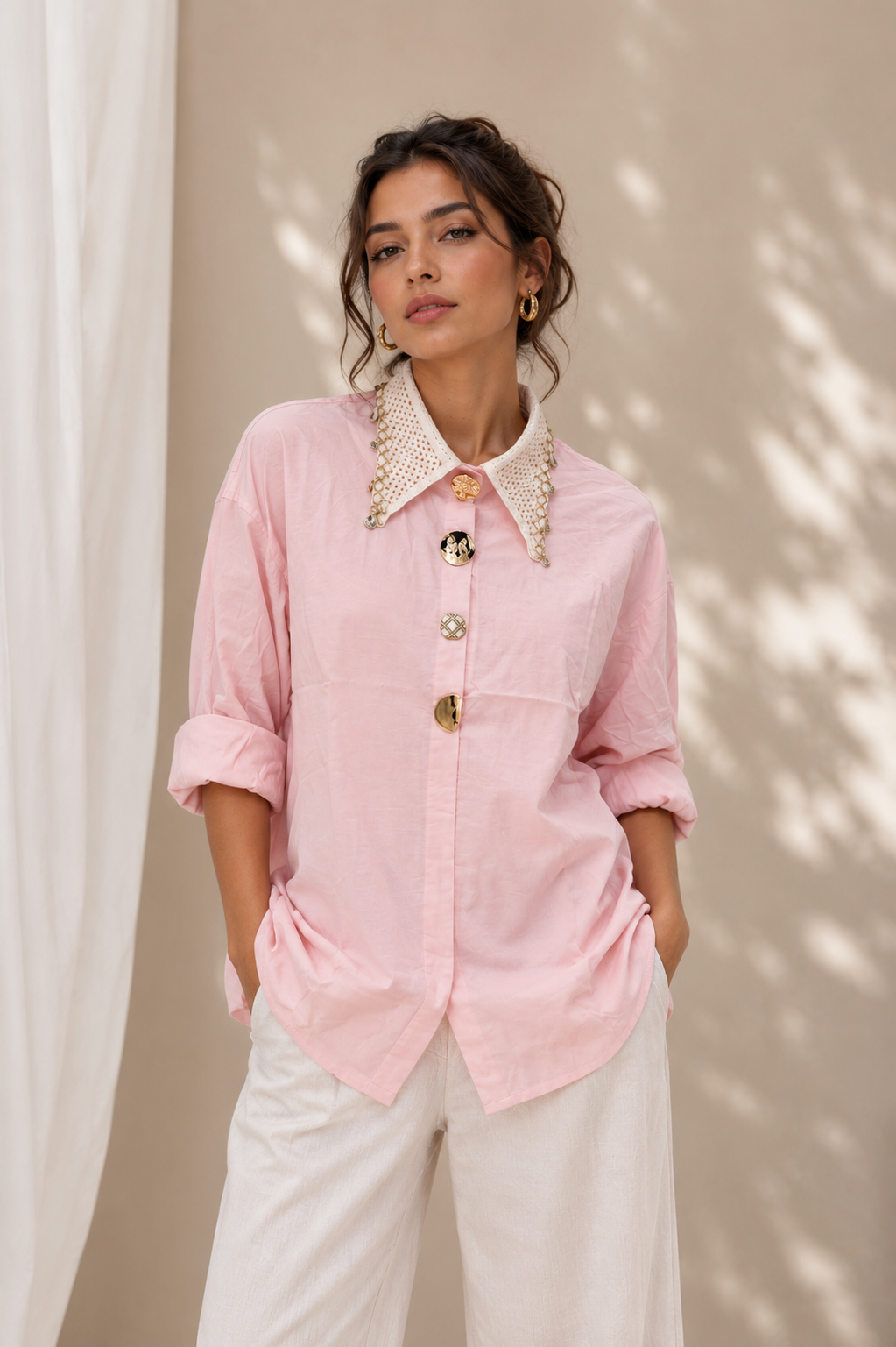 Linen with Crochet collar