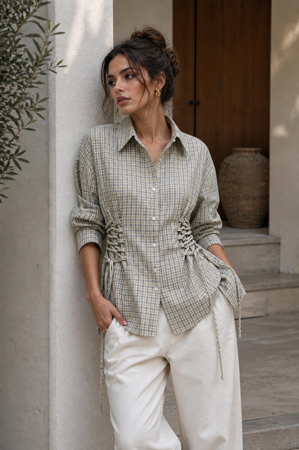 Checked Ruched Waist Shirt