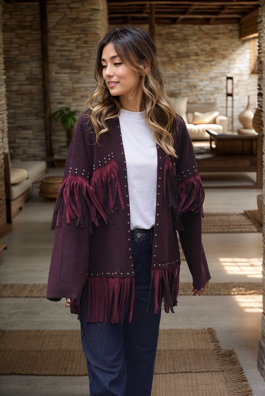 Fringed Suede Jacket – Burgundy