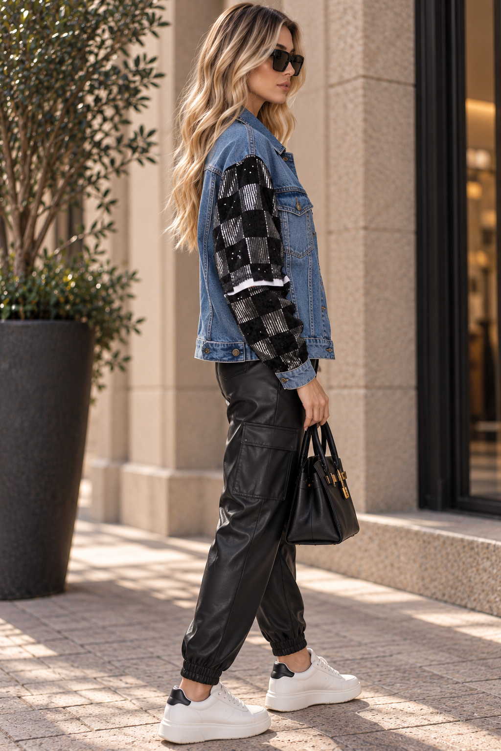 Plaid Sleeve Denim Jacket