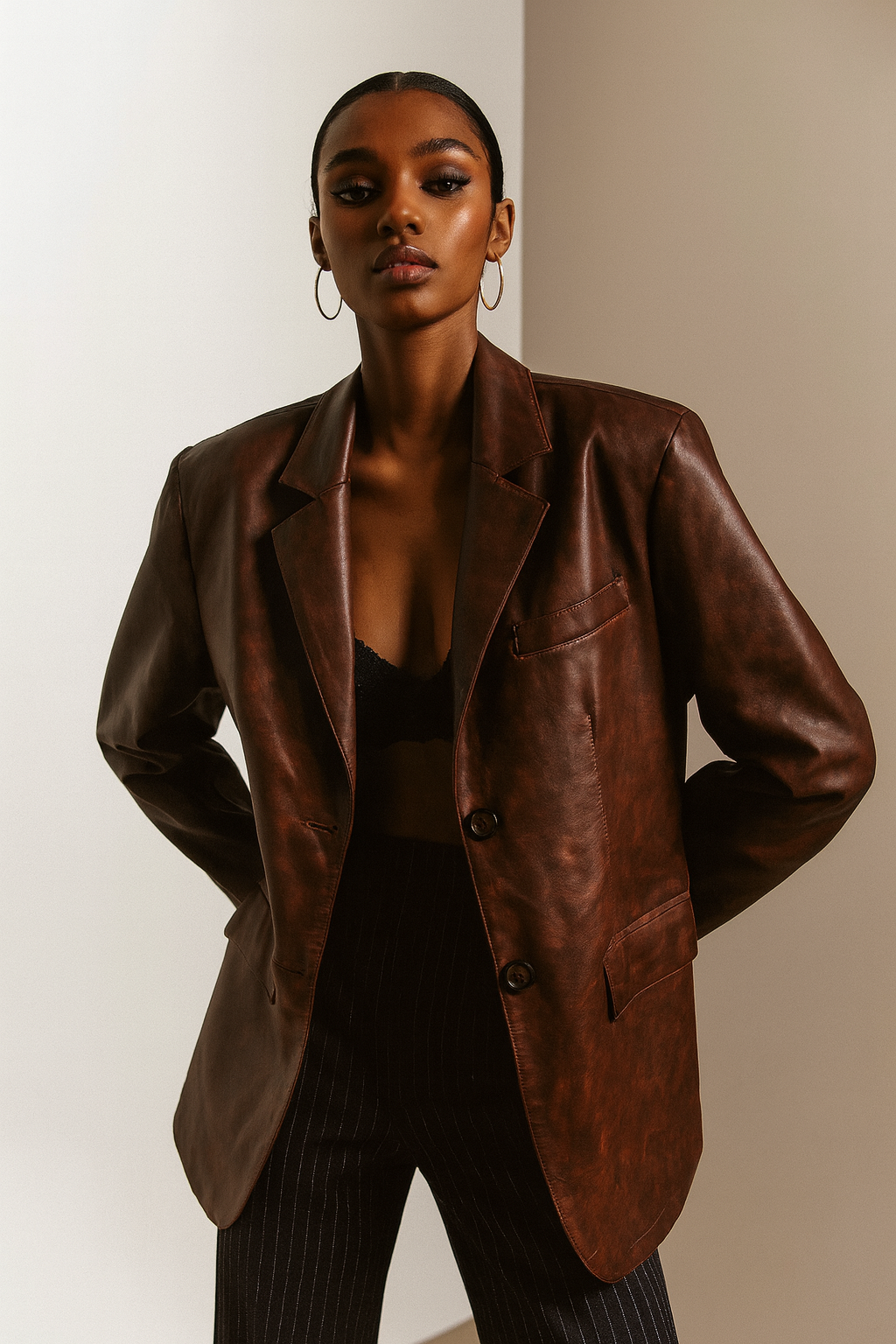 Faux Leather Tailored Blazer – Deep Brown