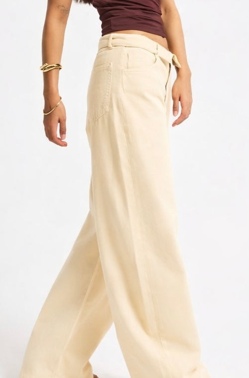 Beige Denim Turned-Hem Pants
