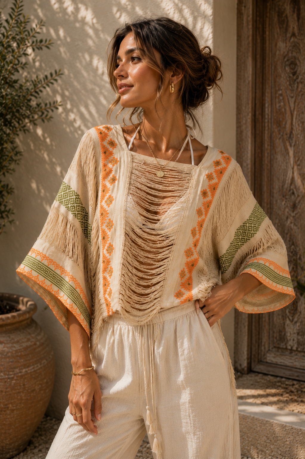 The Boho Edit Tribal Thread Short Sleeve Top