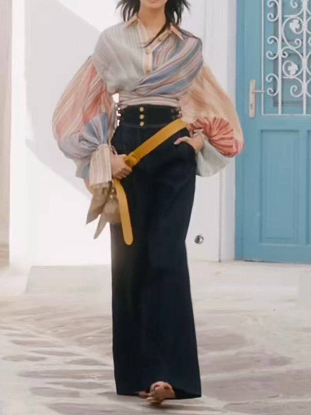 Multi-Stripe Wrap Tie Shirt