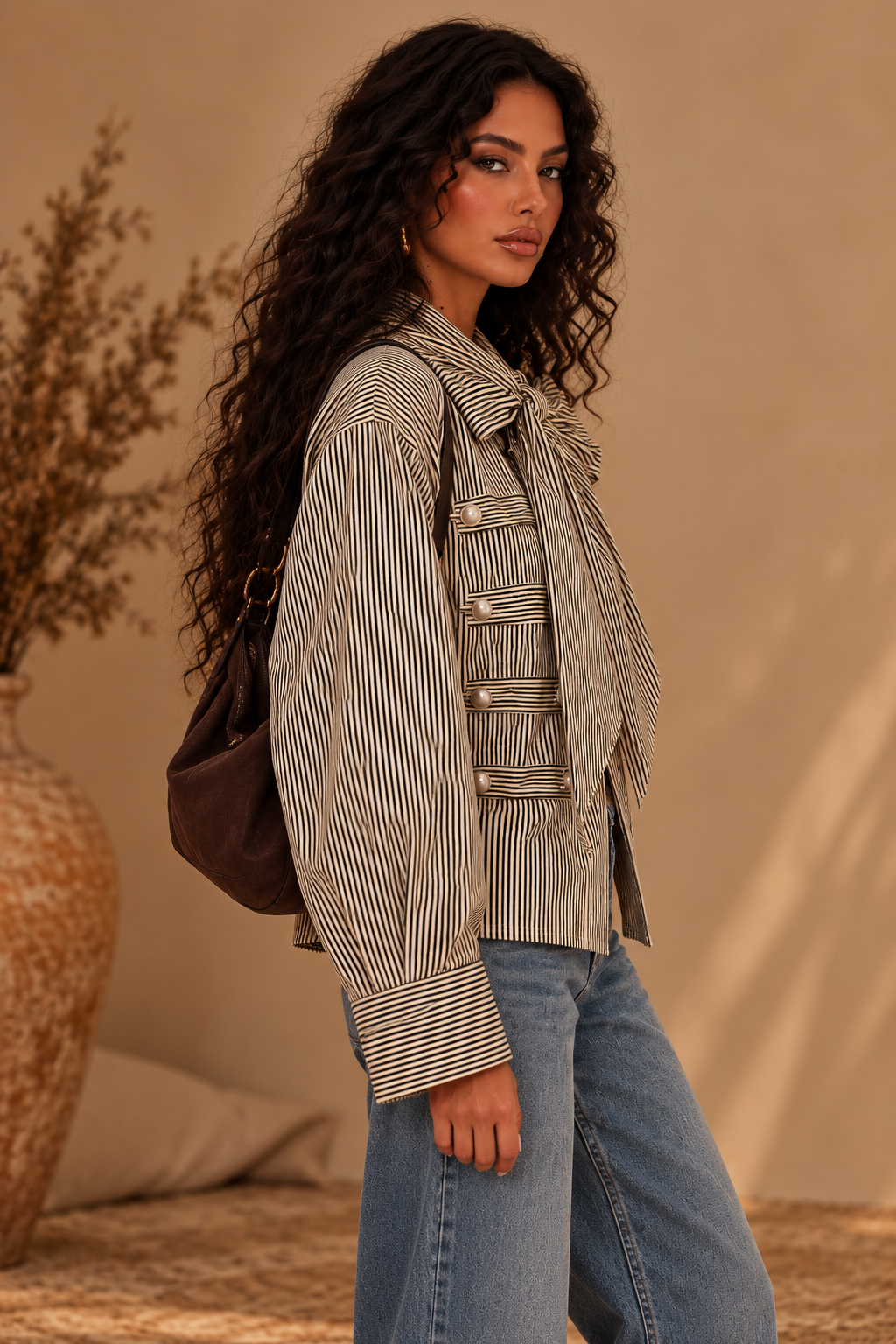 The Ottilie Striped Bow Military Blouse