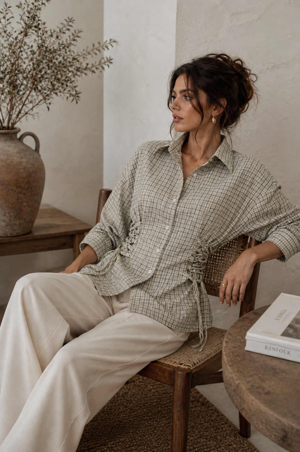Checked Ruched Waist Shirt