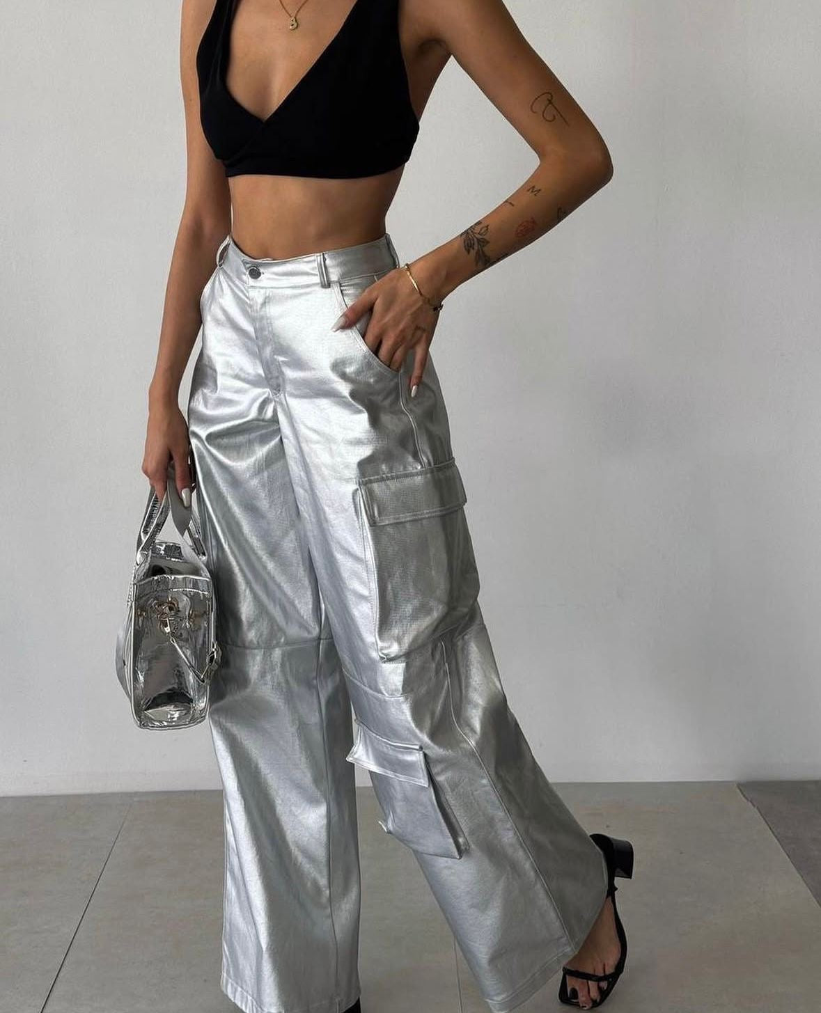 Metallic Silver Cargo Pants
