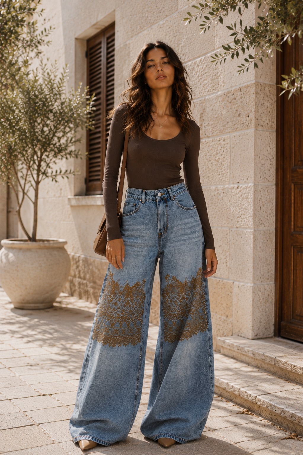 Light Print Wide-Leg Jeans