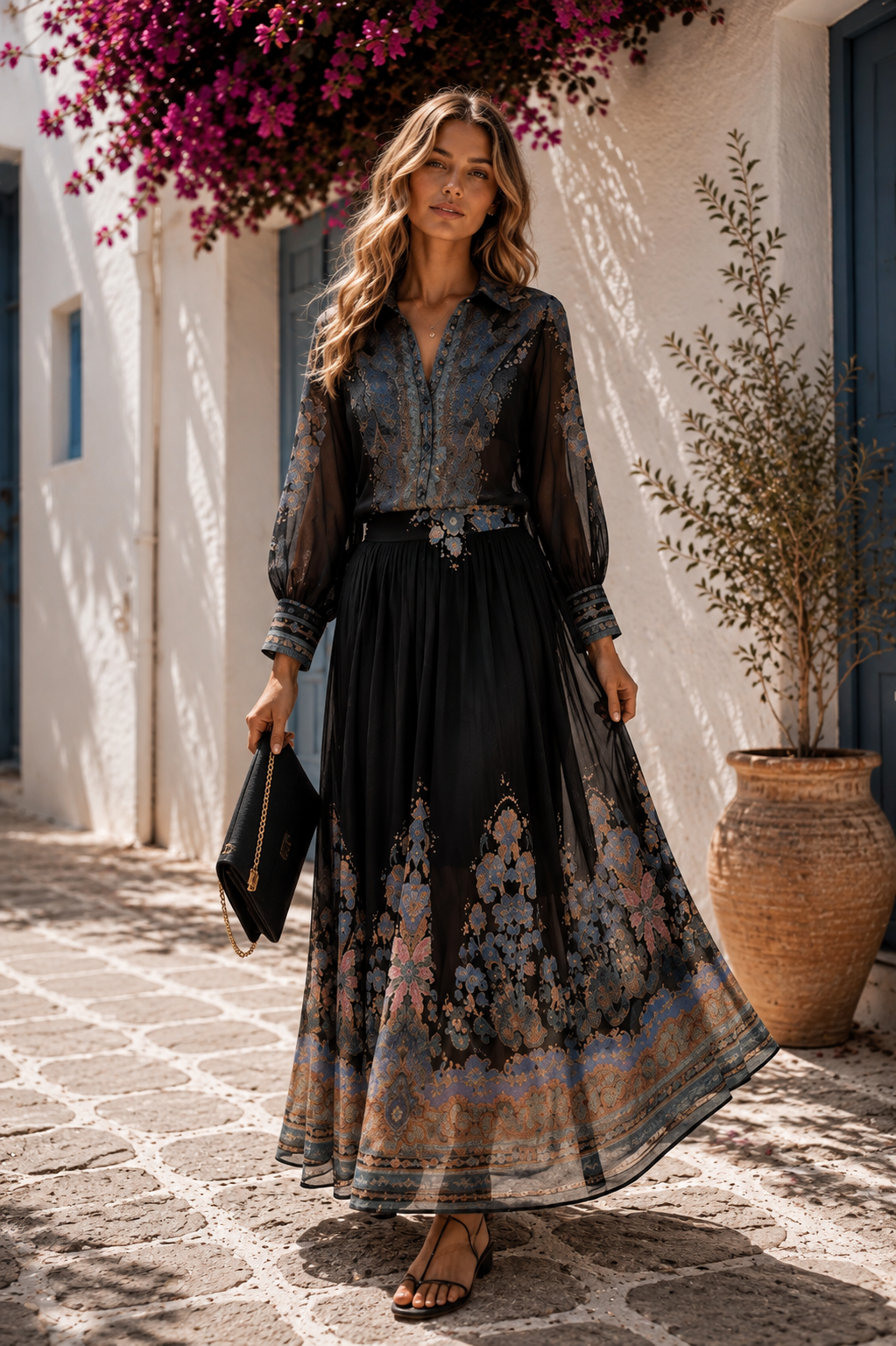Midnight Garden Chiffon Blouse & Maxi Skirt Set