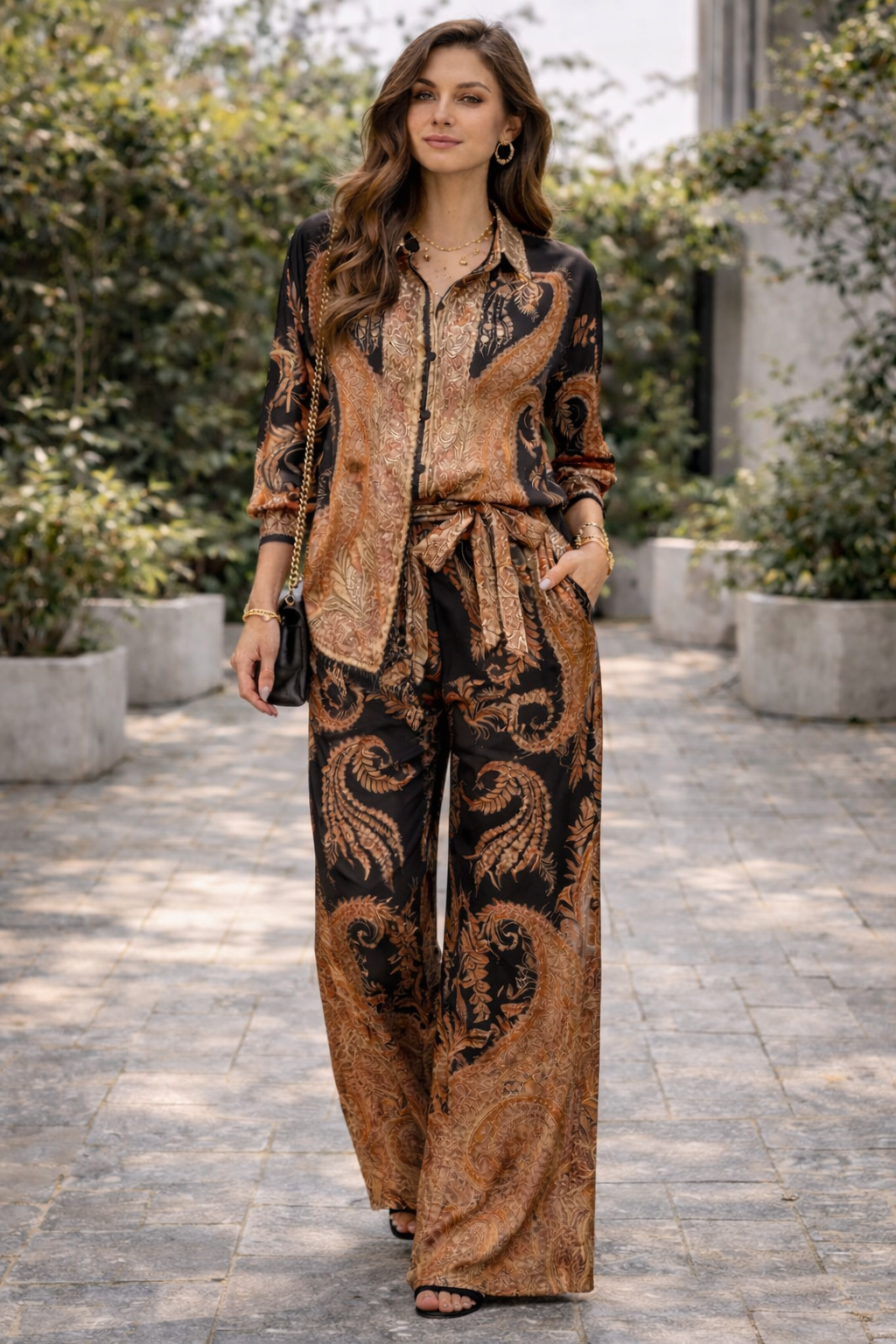 Luxe Paisley Print Shirt and Palazzo Pants Set
