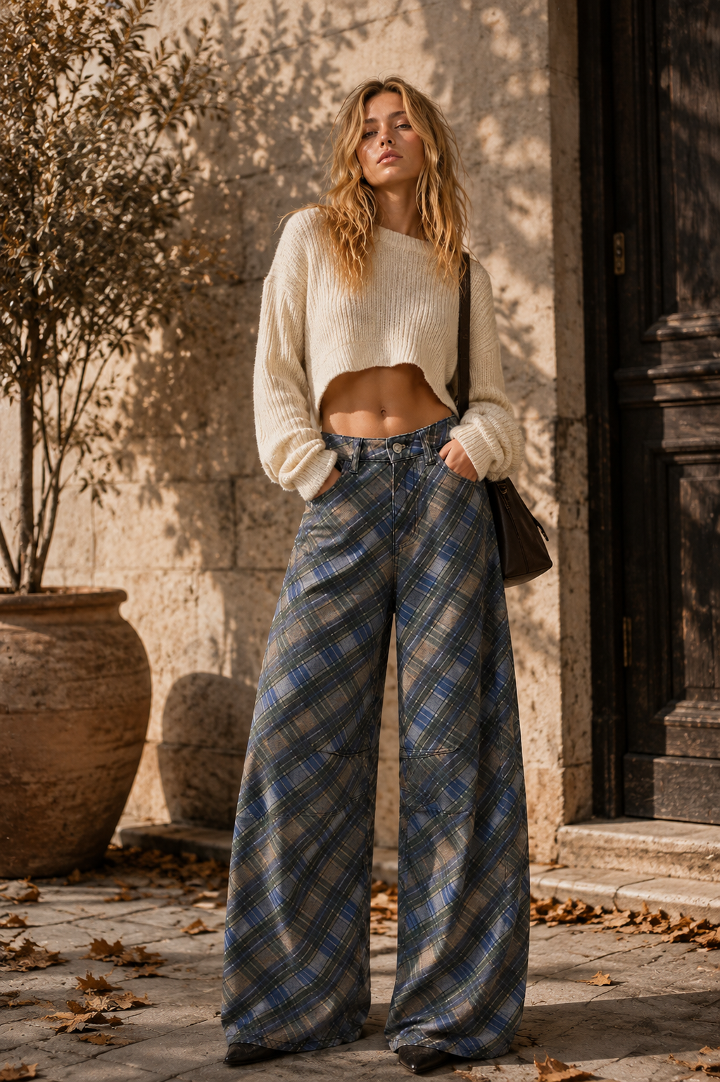 Blue Tartan Wide-Leg Trousers