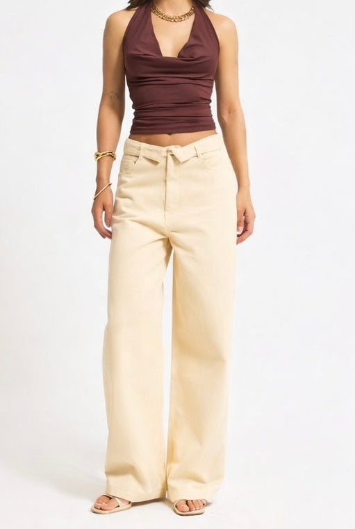 Beige Denim Turned-Hem Pants