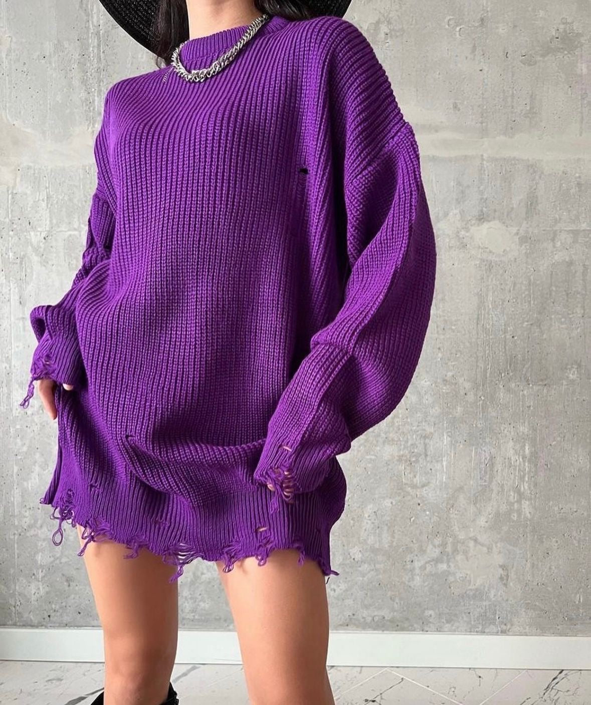 Distressed Oversized Knit Sweater – Purple