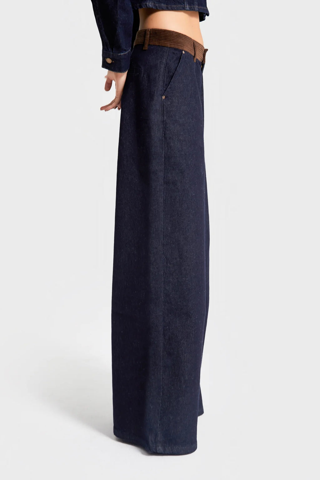 Dark Indigo Wide-Leg Jeans with Corduroy Waistband