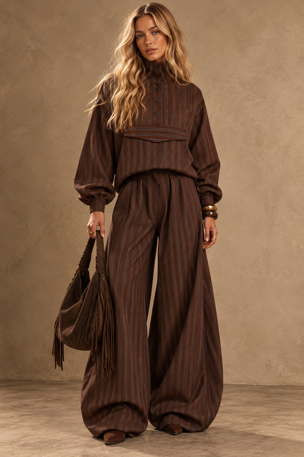Chocolate Pinstripe Balloon-Sleeve Trouser Set