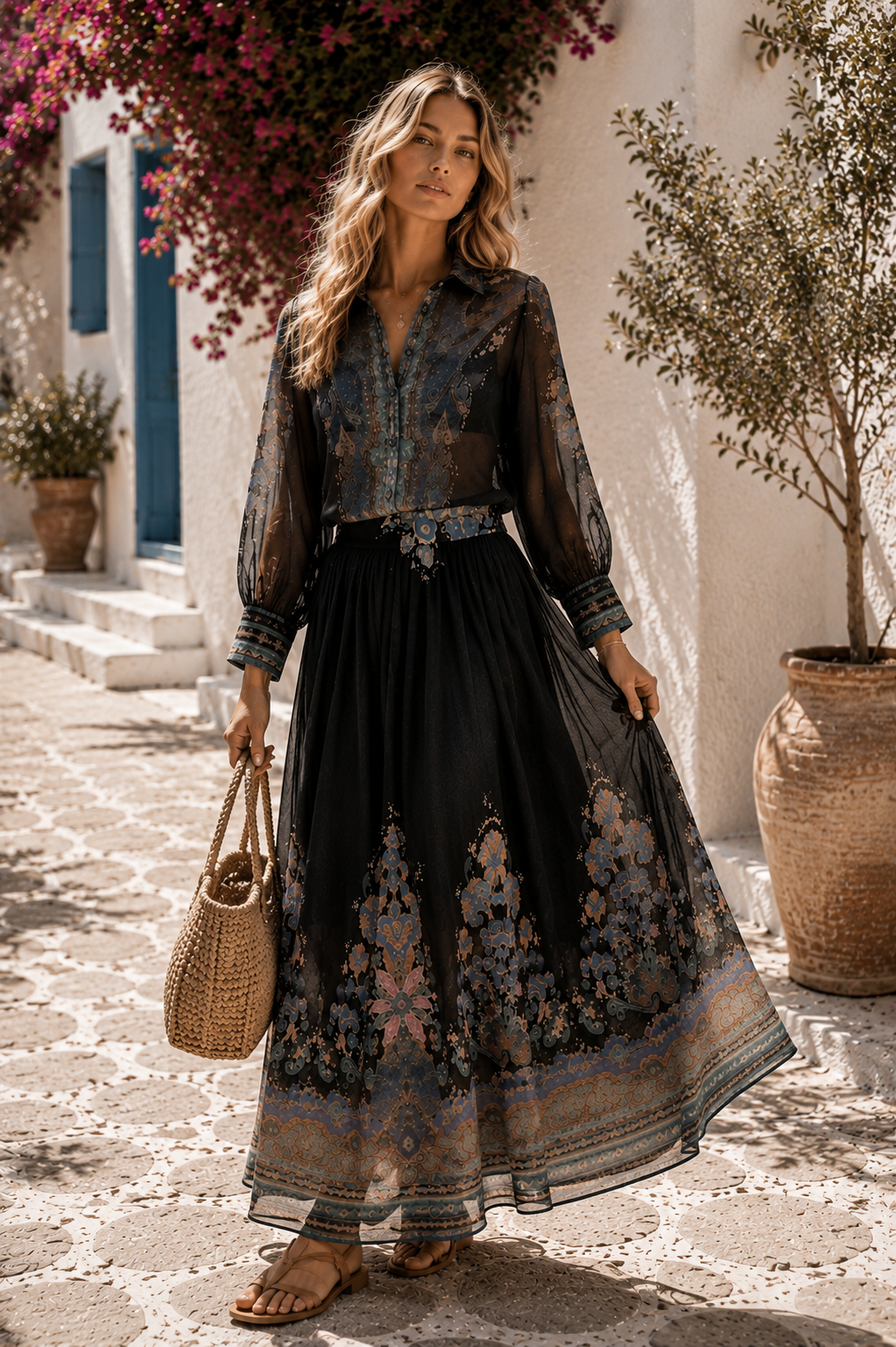 Midnight Garden Chiffon Blouse & Maxi Skirt Set