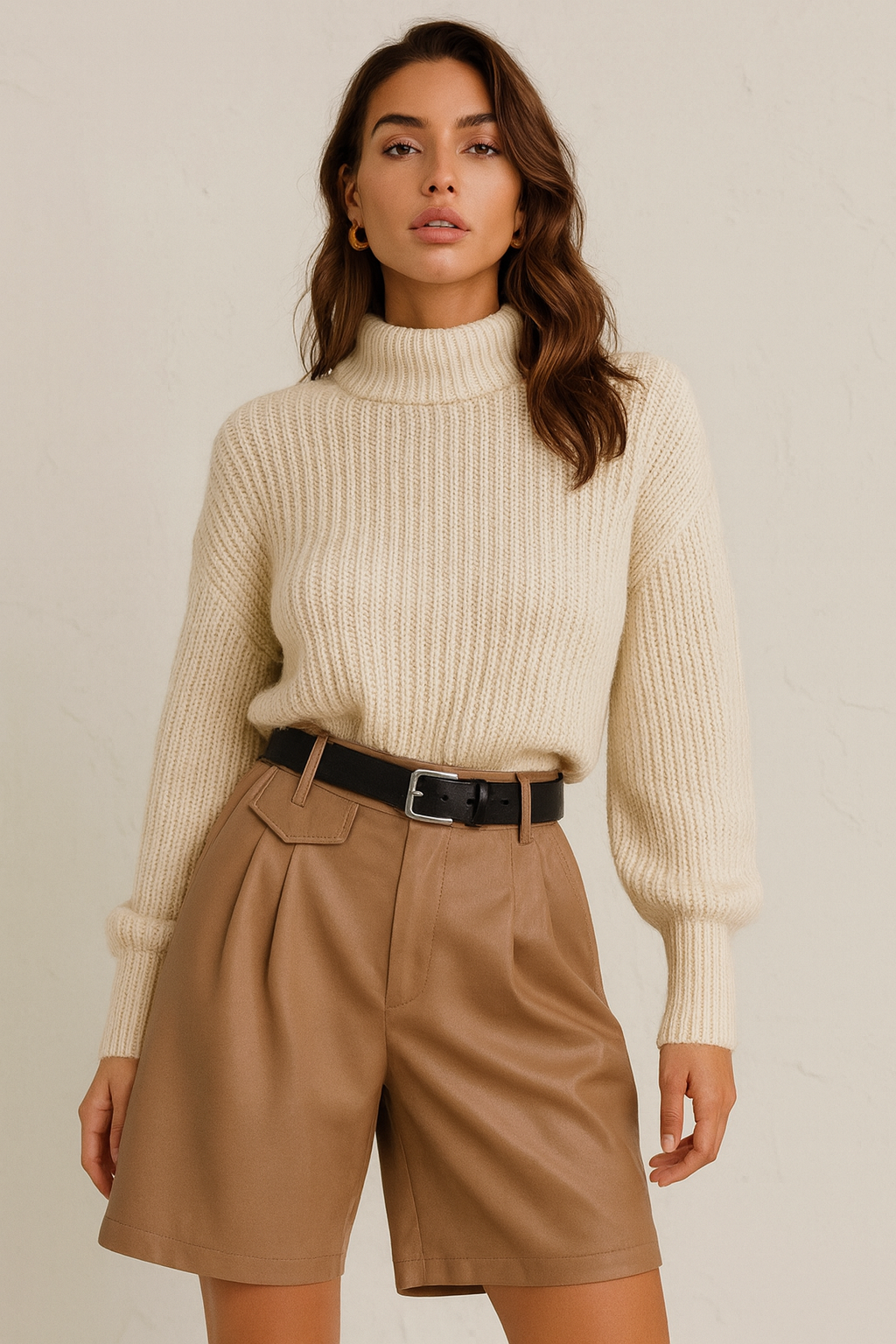 High-Waist Tailored Faux Leather Shorts – Camel