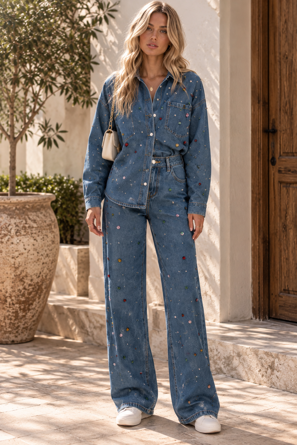 Gem-Embellished Denim Pants