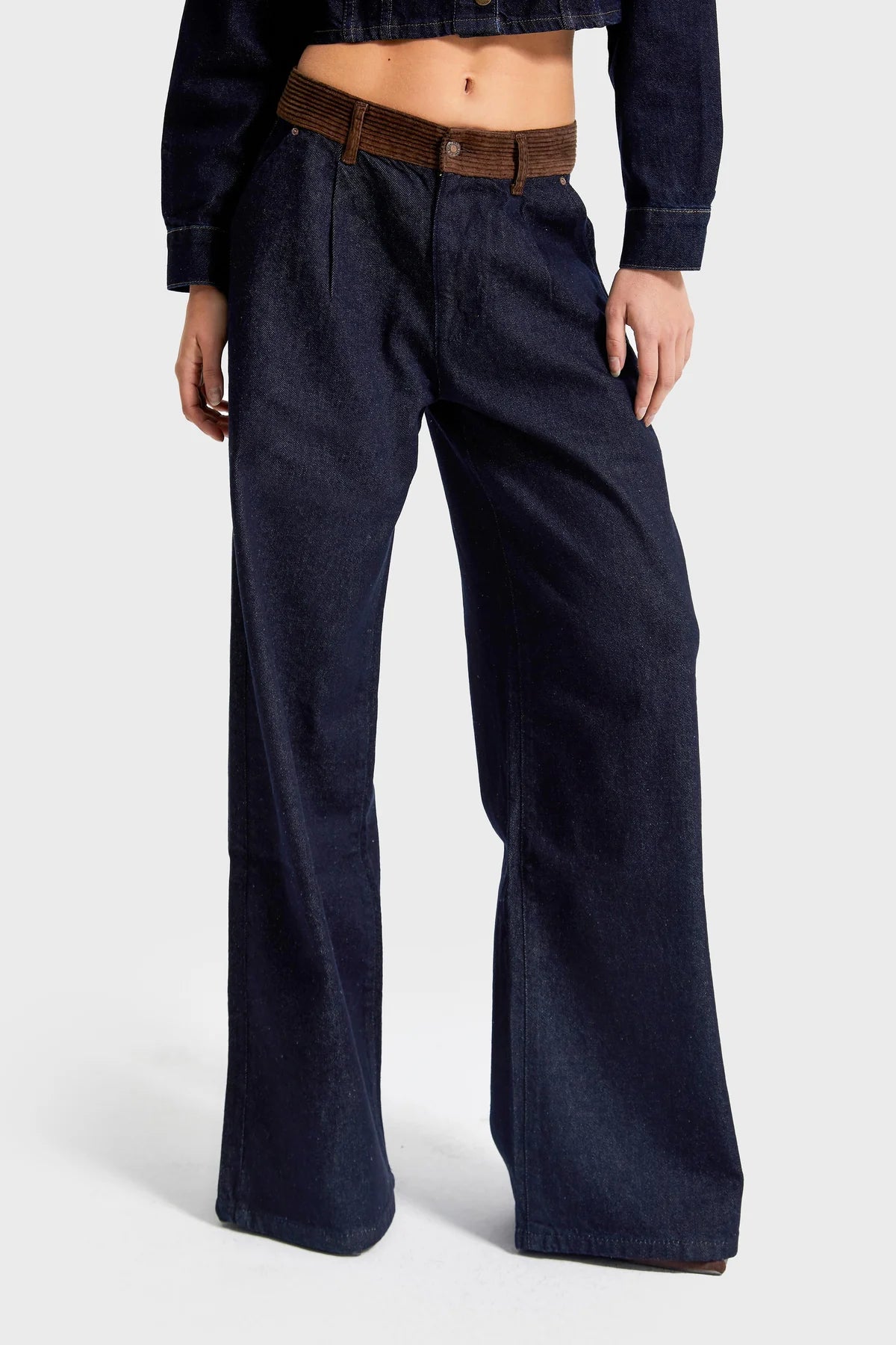 Dark Indigo Wide-Leg Jeans with Corduroy Waistband