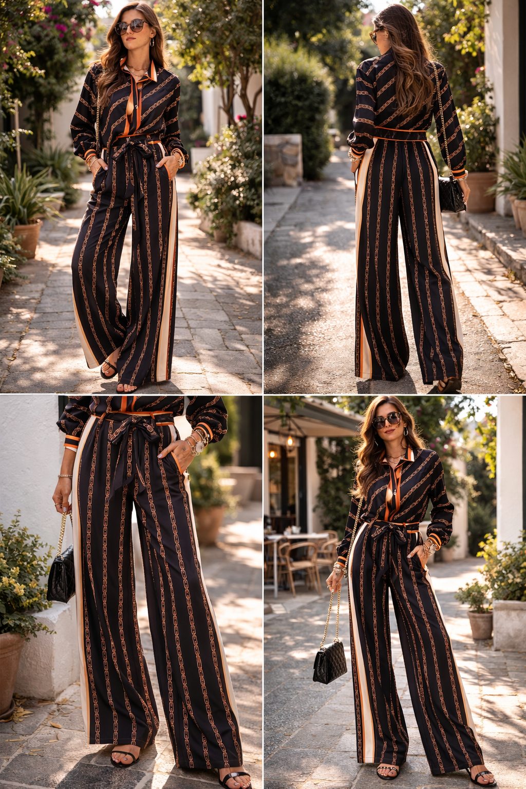 Chain Print Shirt & Palazzo Pants Co-Ord Set - Black & Coral