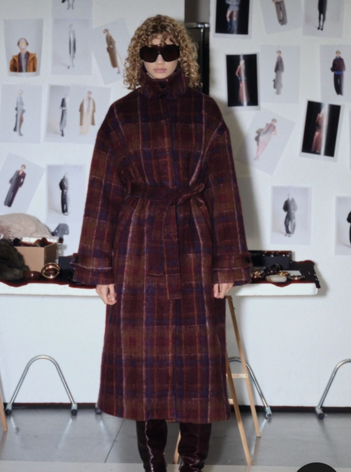 Burgundy & Navy Plaid Wool Coat