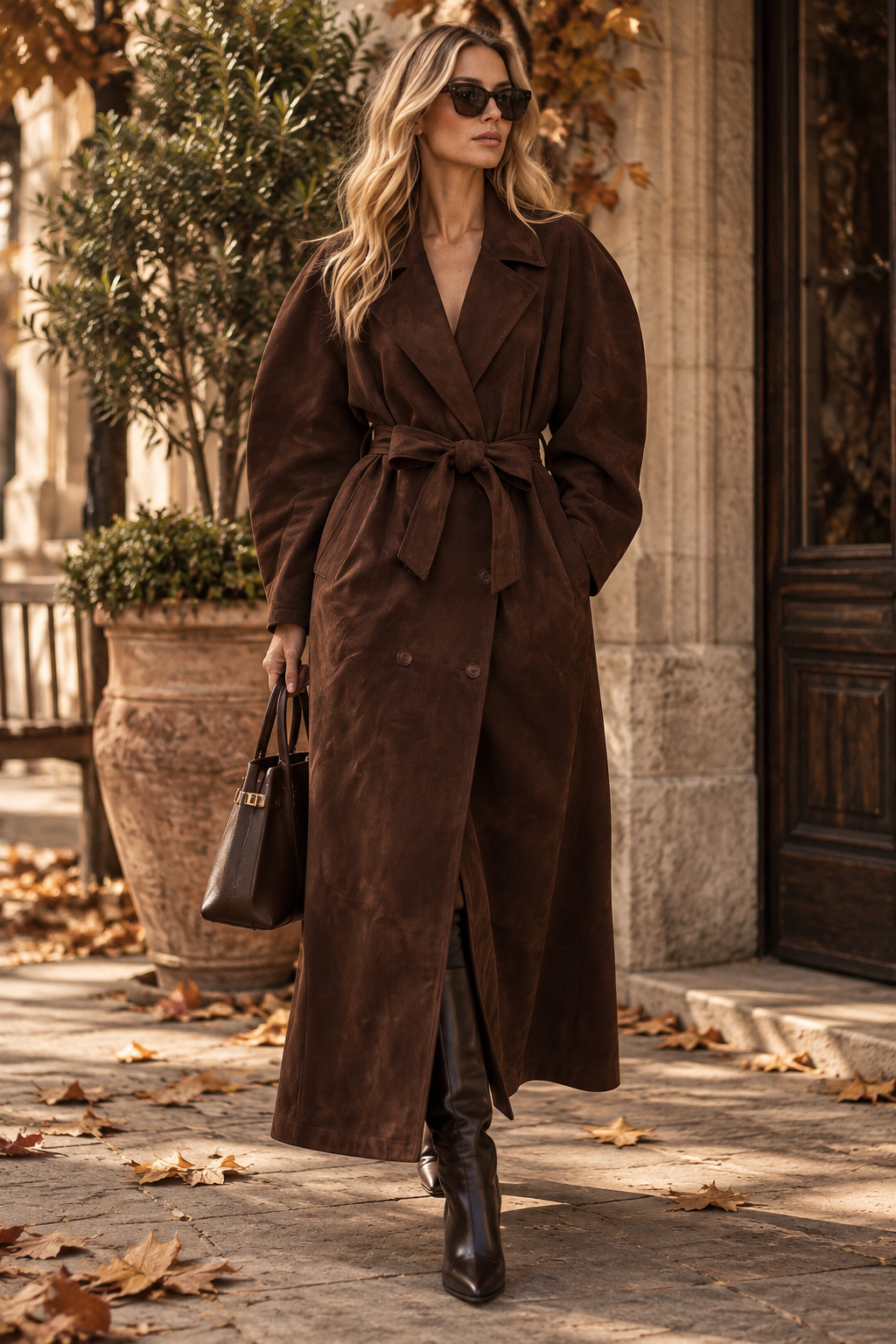 Suede Belted Trench Coat – Chocolate Brown