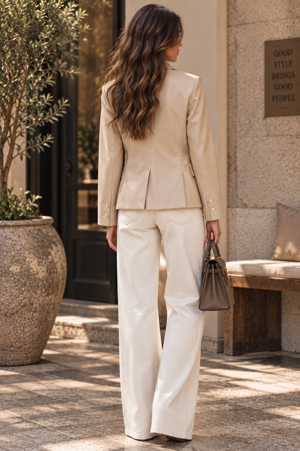 Beige Faux-Leather Tailored Blazer