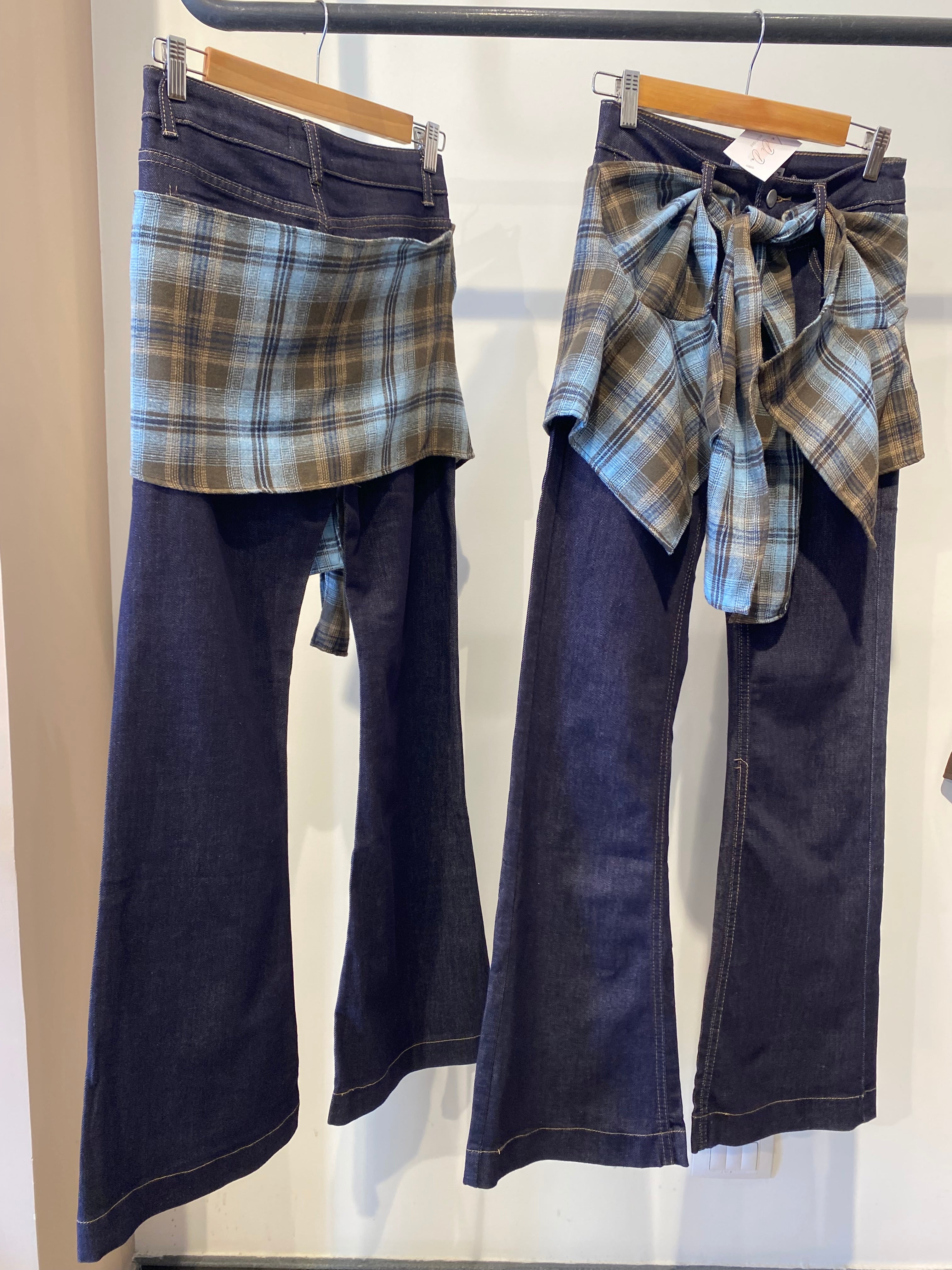 Dark washed blue Flared Trousers with Plaid Overshirt Detail