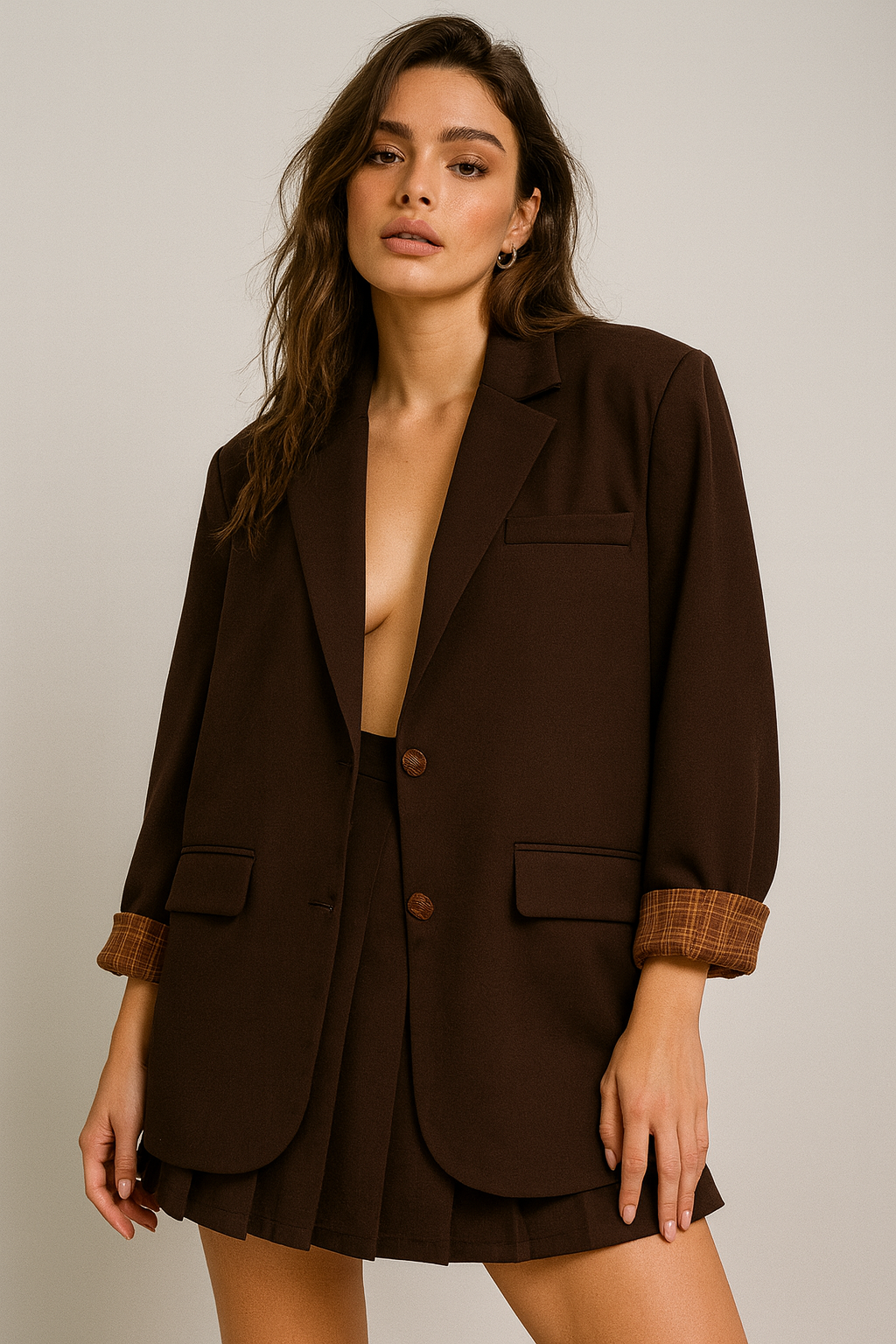 Tailored Blazer & Mini Skirt Set – Chocolate Brown