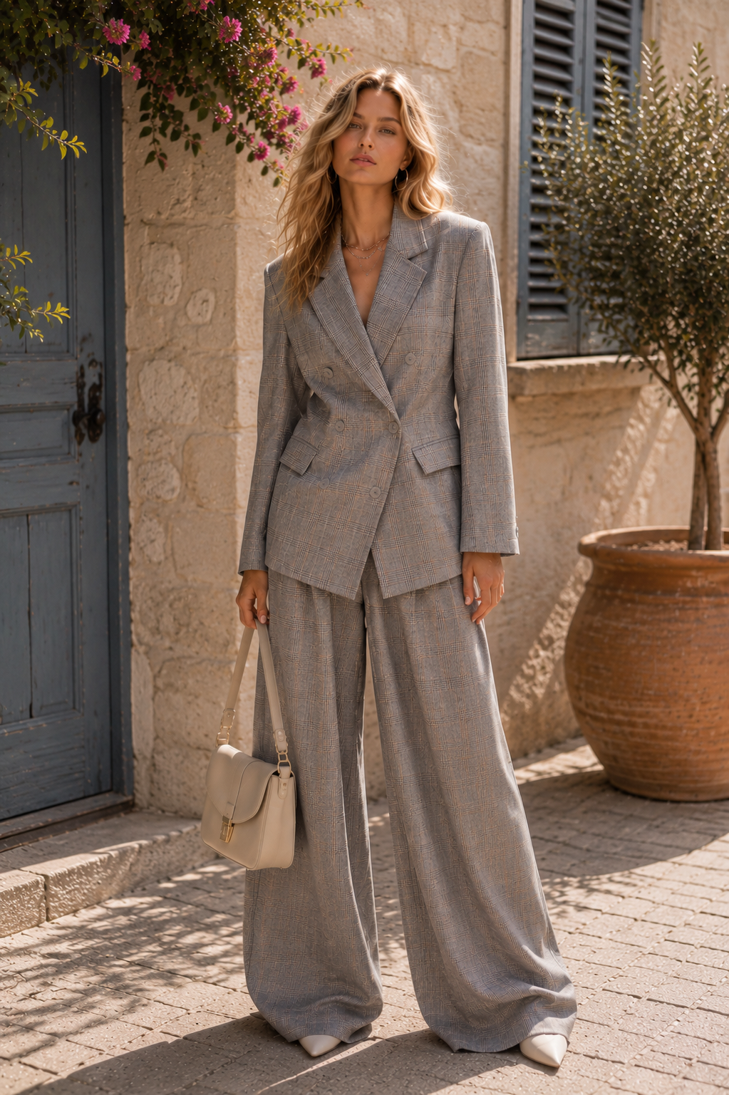 Grey Check Oversized Blazer & Wide-Leg Trousers Set