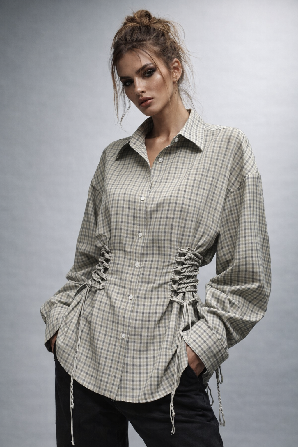 Checked Ruched Waist Shirt