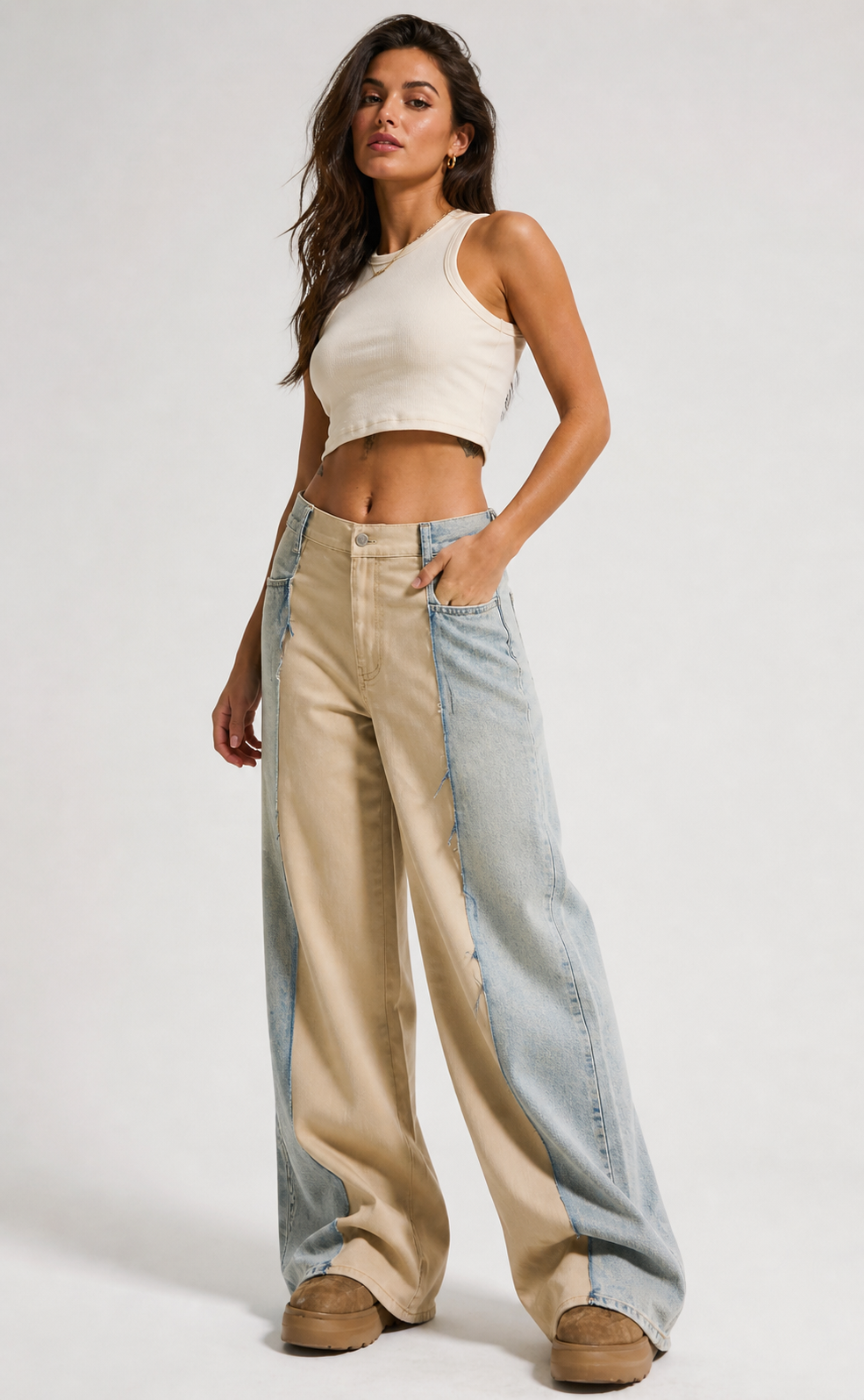 Beige & Denim Two-Tone Pants