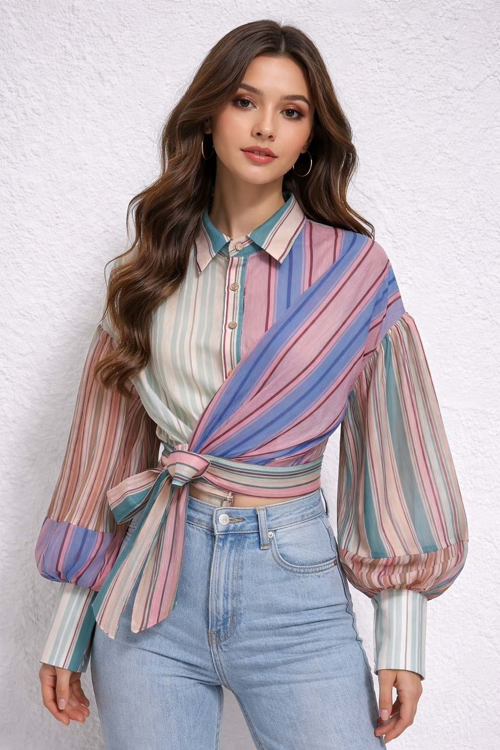 Multi-Stripe Wrap Tie Shirt