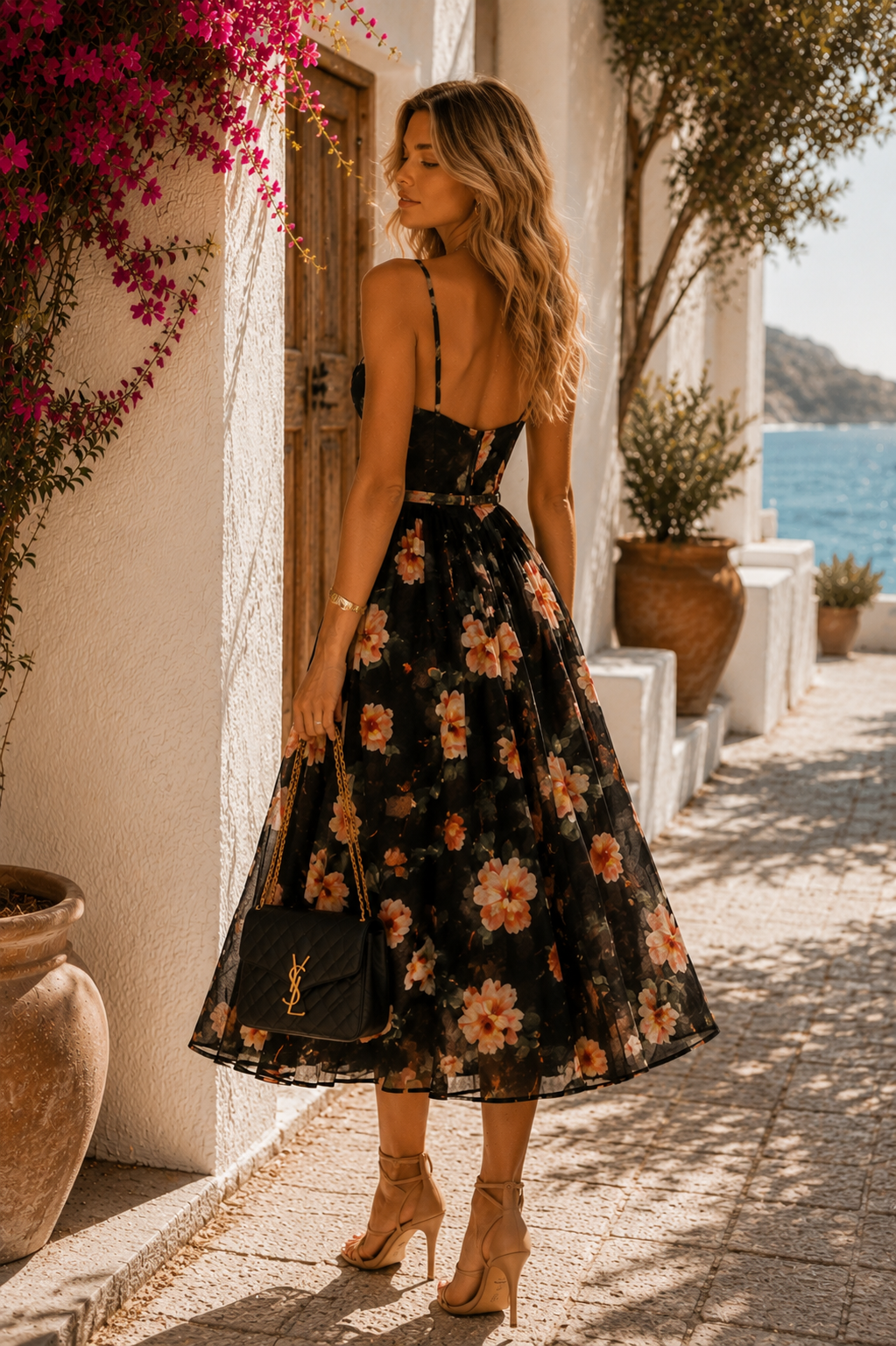 Noir Bloom Midi Dress