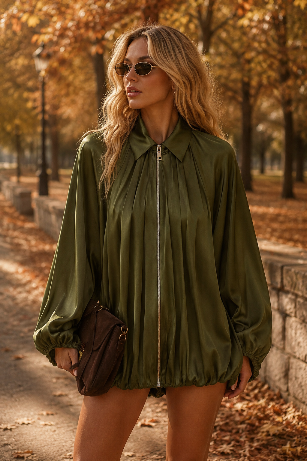 Olive Satin Pleated Zip Blouse