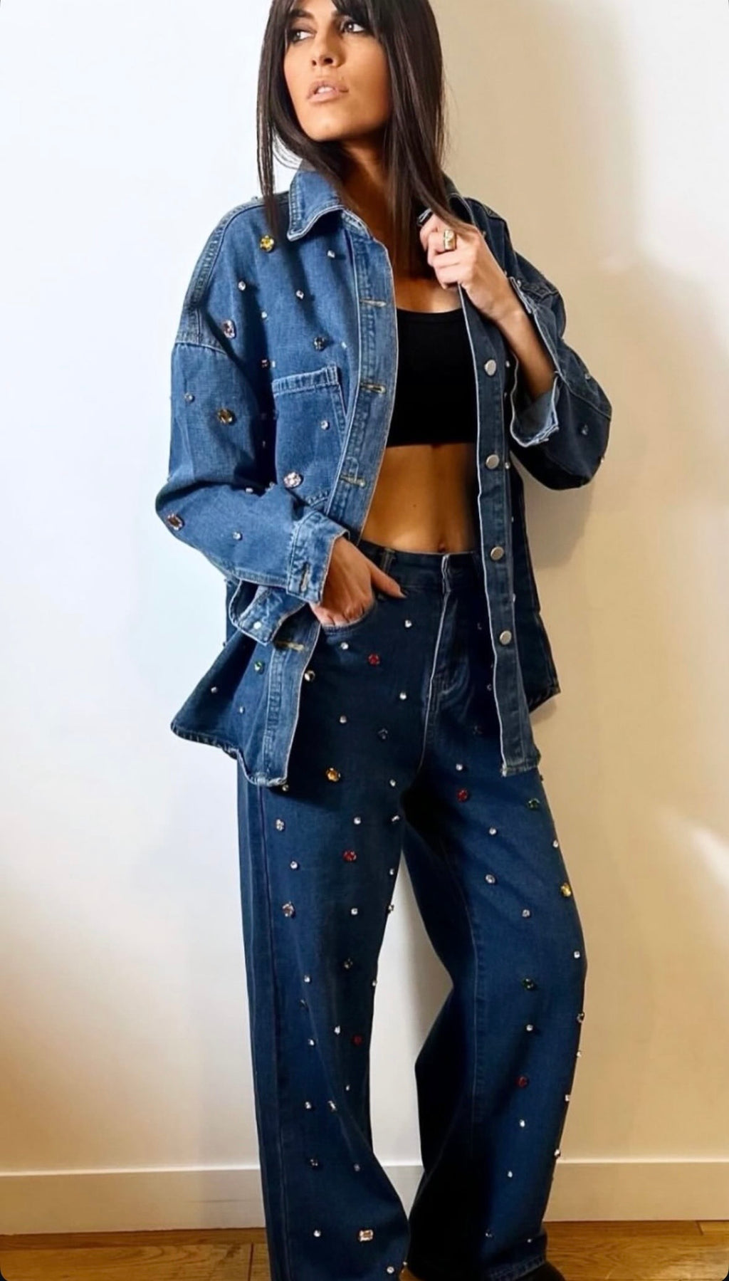 Gem-Embellished Denim Pants