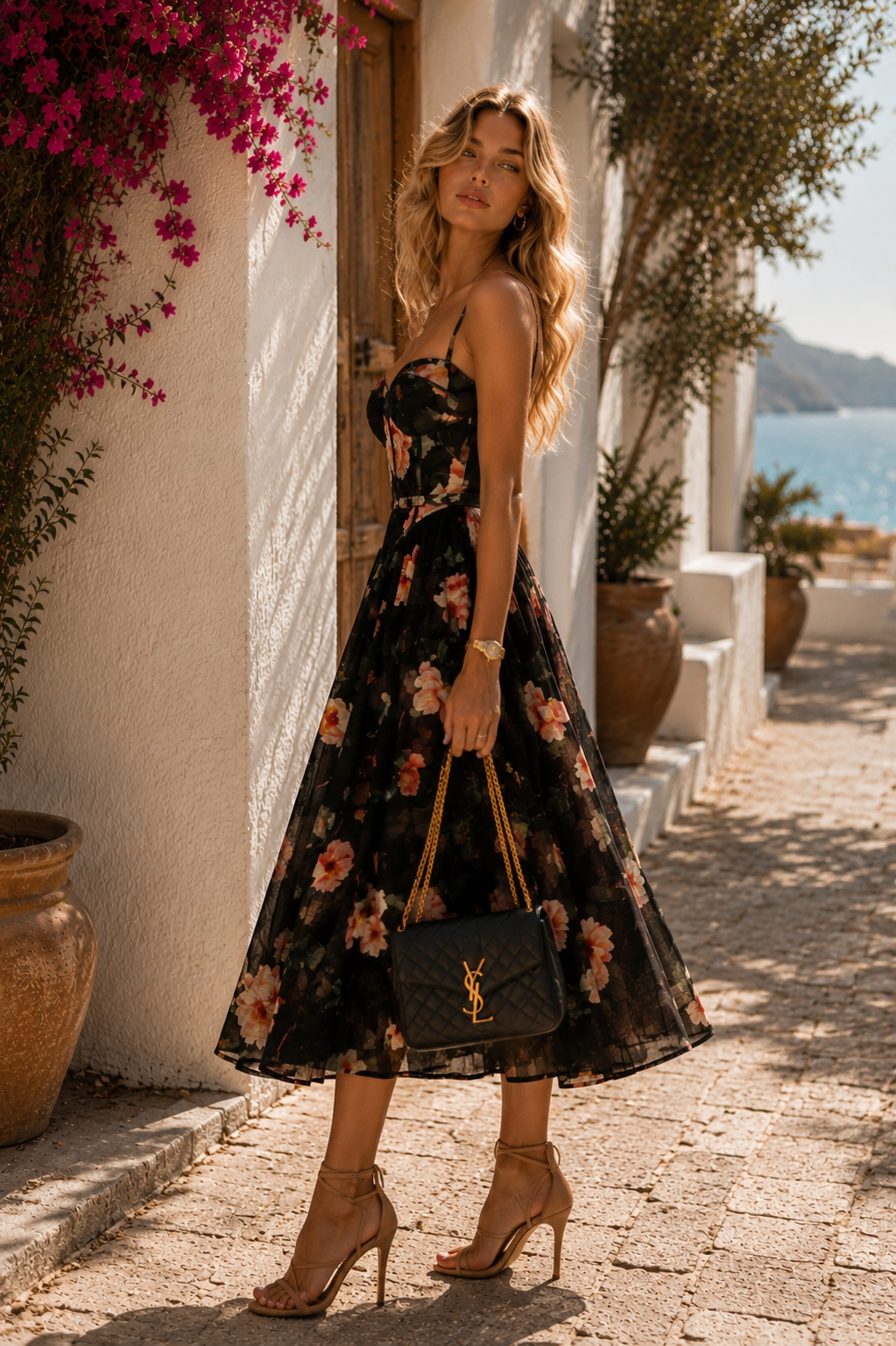 Noir Bloom Midi Dress