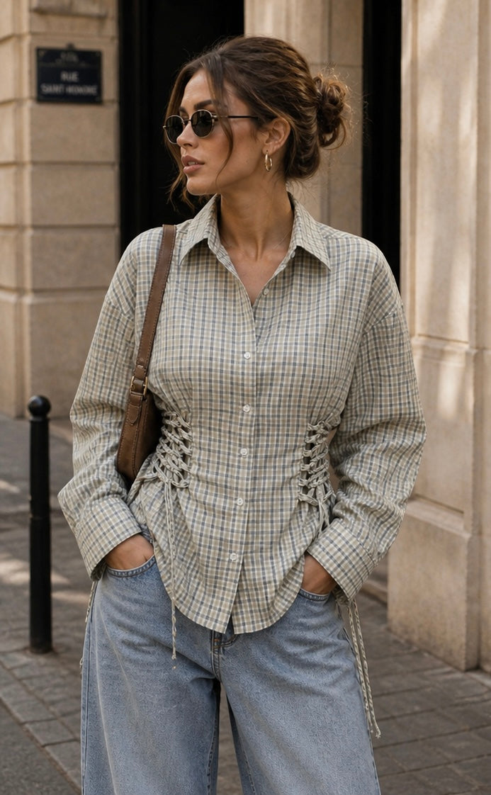 Checked Ruched Waist Shirt