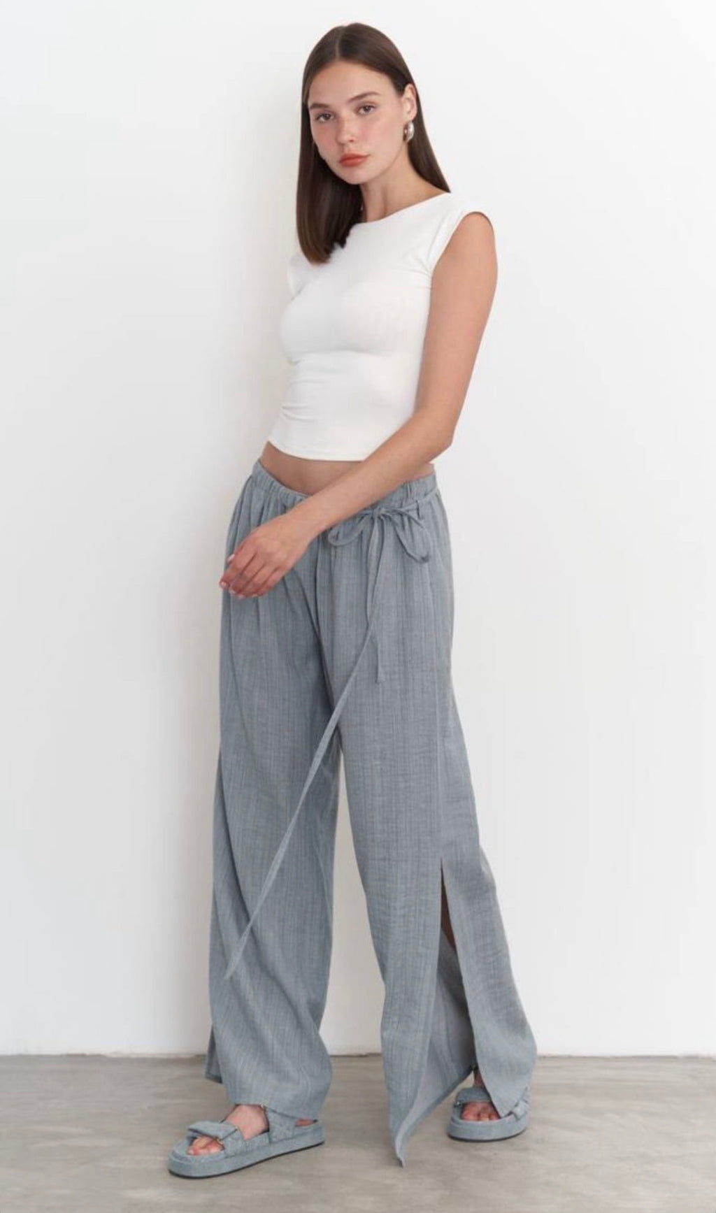 Grey Cross-Detail Linen Pants