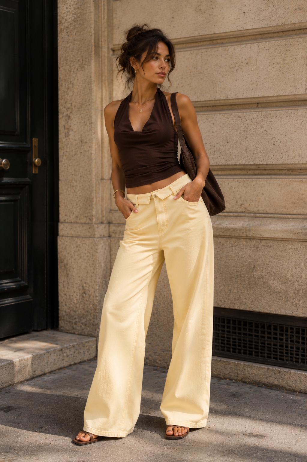 Beige Denim Turned-Hem Pants