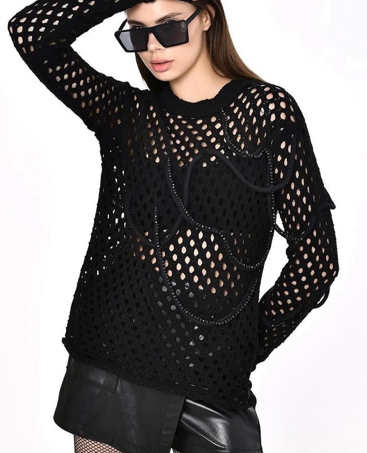 Statement Fishnet Knit Top – Black