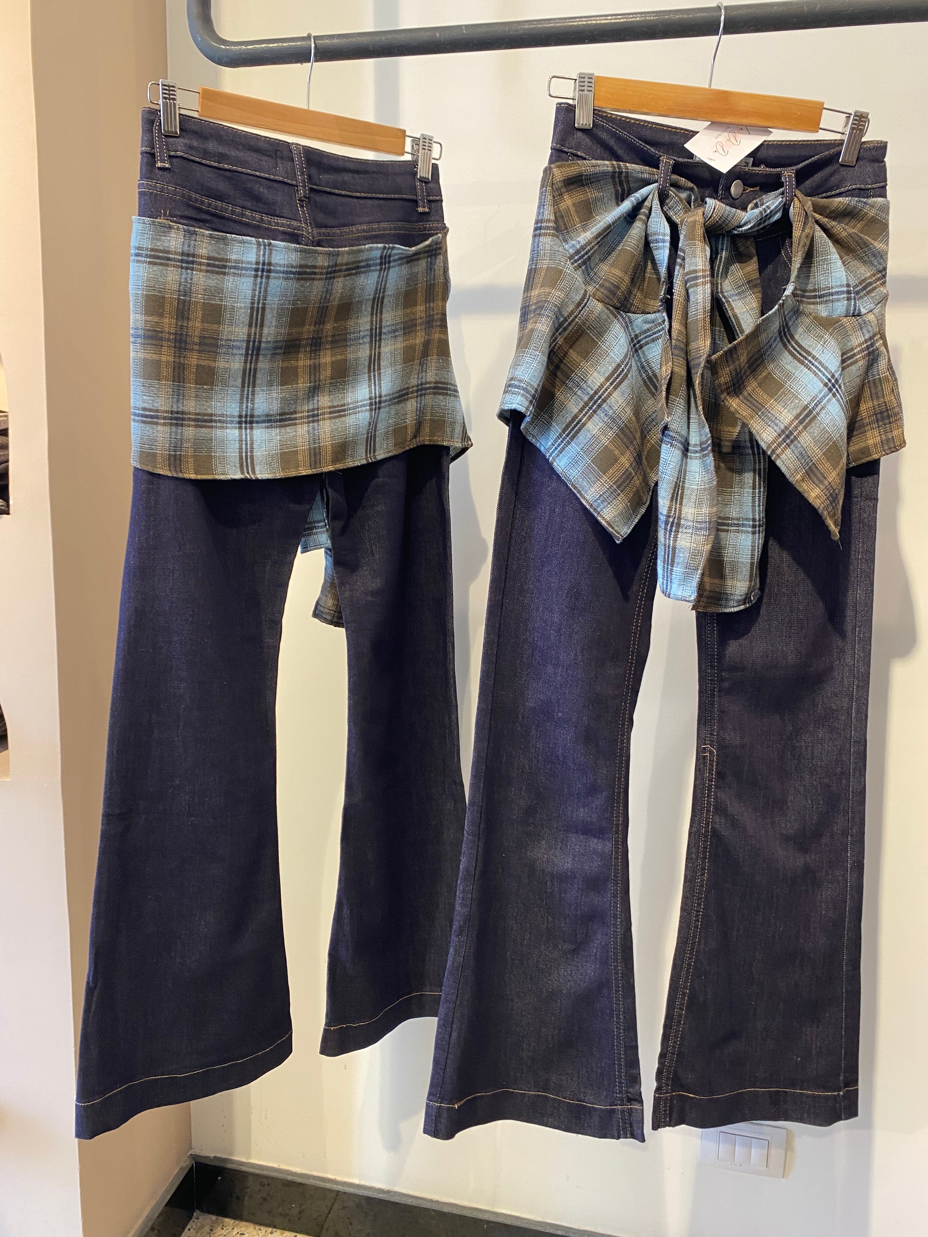 Dark washed blue Flared Trousers with Plaid Overshirt Detail
