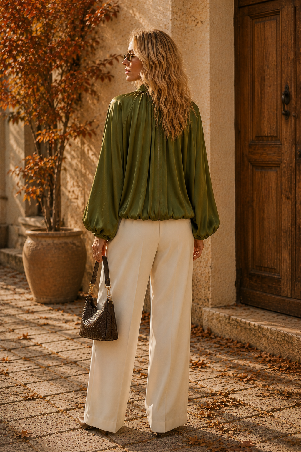 Olive Satin Pleated Zip Blouse
