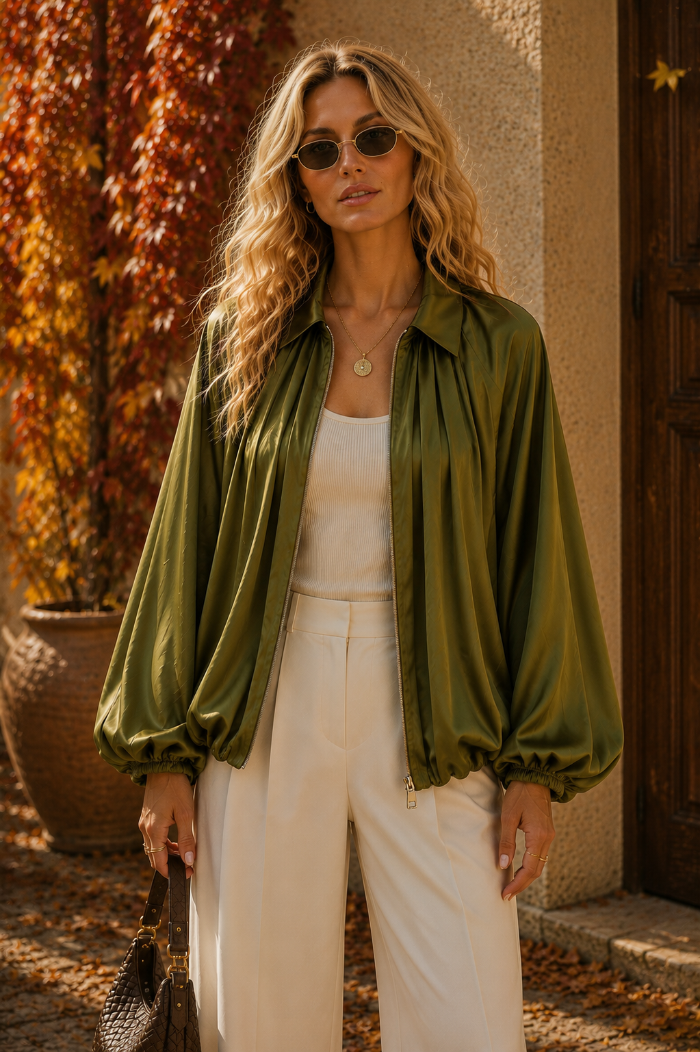 Olive Satin Pleated Zip Blouse